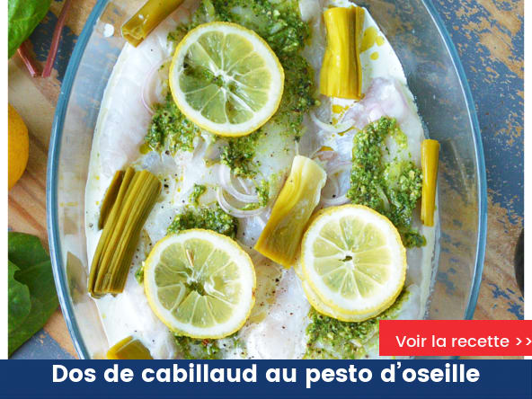Dos de cabillaud au pesto d’oseille, sauce crémeuse au citron et vin blanc